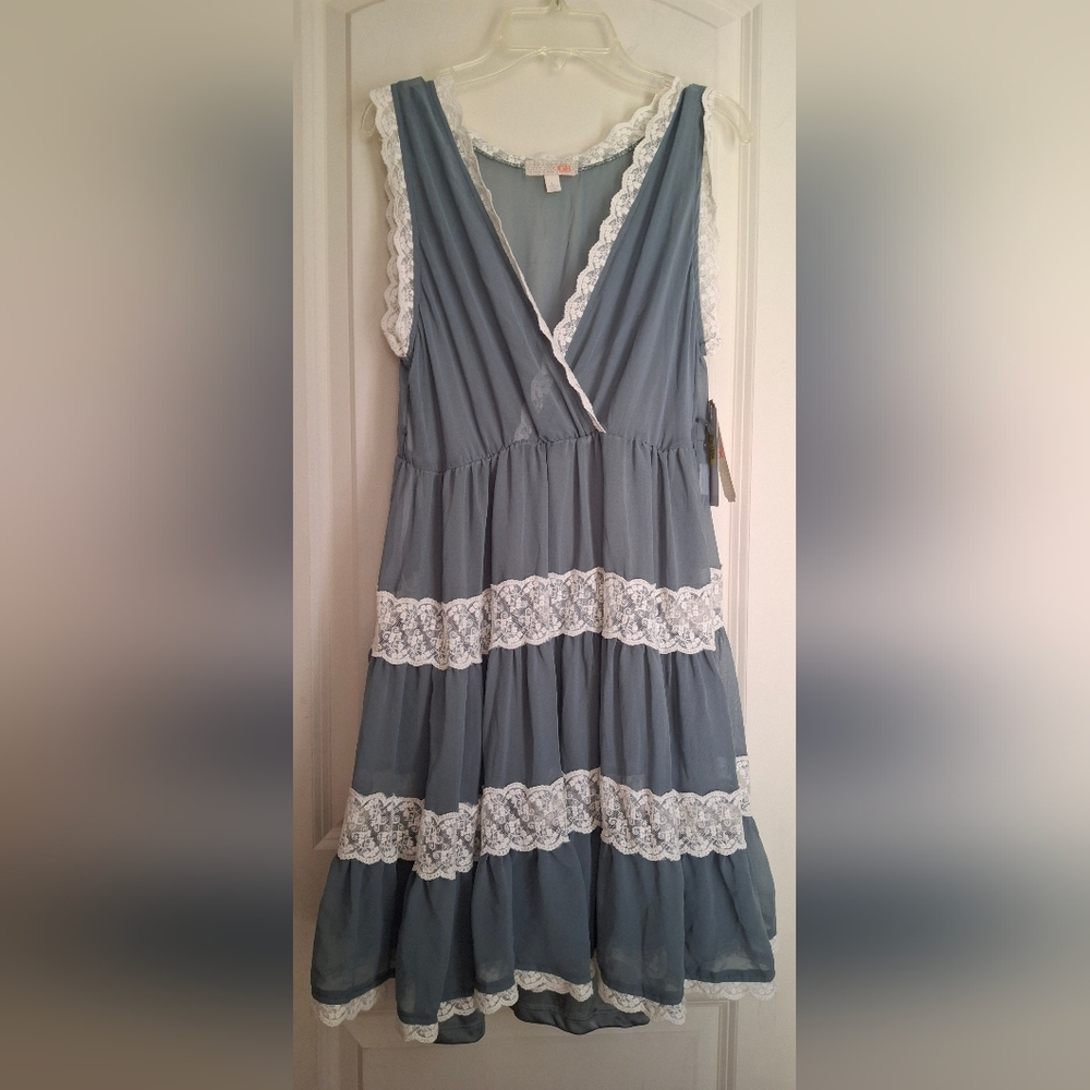 Gb Elegant Boho‎ Blue Lace Trim Dress Sz L Sleeveless Coastal Westeen Sku 20